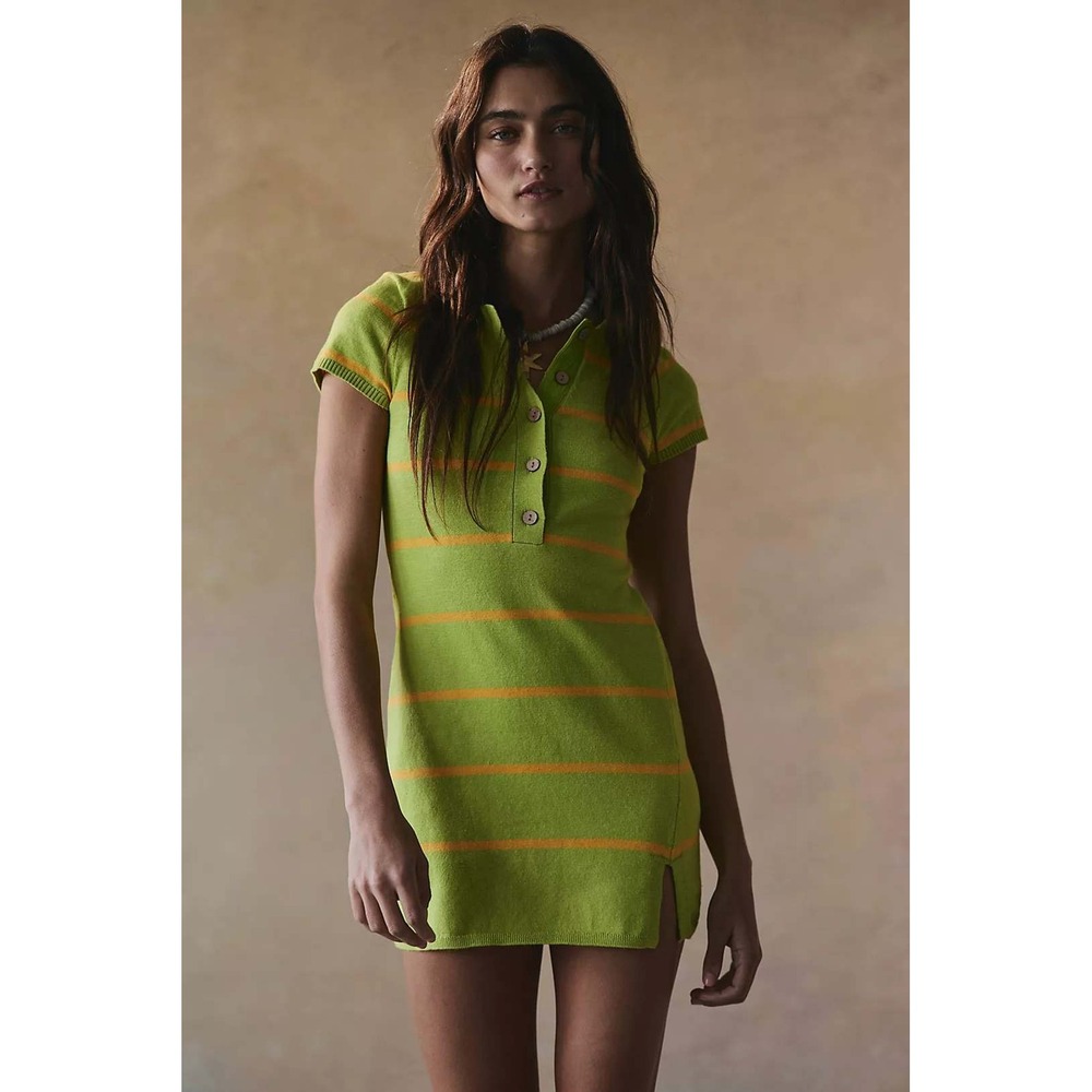 Free People Free People Sinclair Sweater Mini Dress Stripe Knit Polo Lime Combo